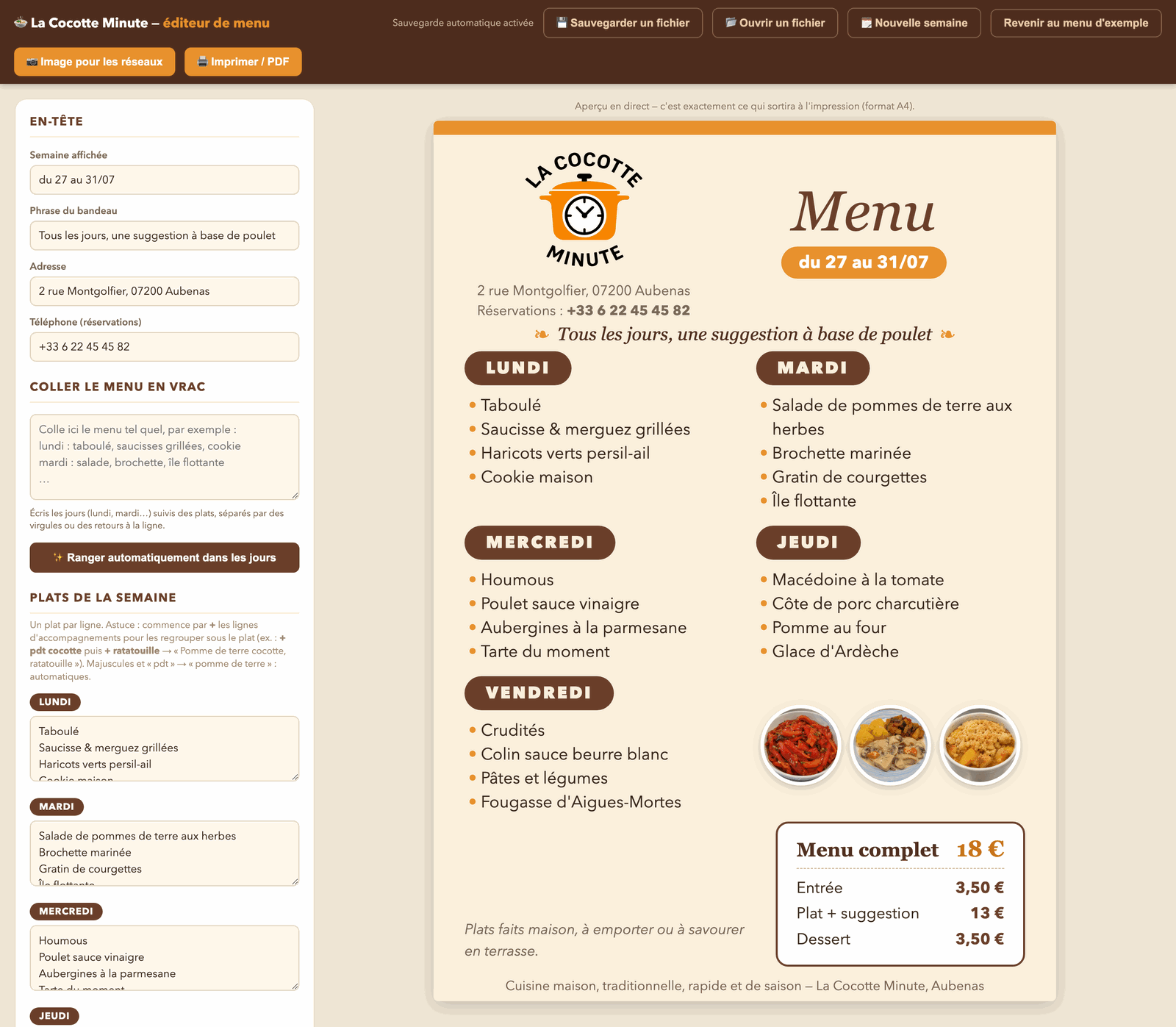 L'outil de menu ouvert : à gauche les champs à remplir (semaine, adresse, téléphone, plats du lundi au vendredi), à droite l'aperçu de la feuille A4 avec les cinq jours, trois photos de plats en médaillons et les prix